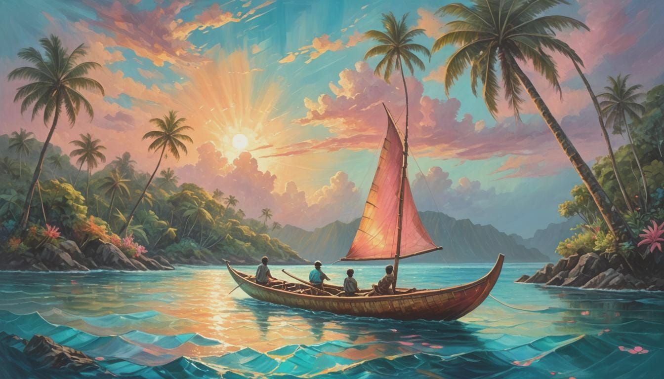 Fijian Canoe at Night: Fantasy Oil Painting