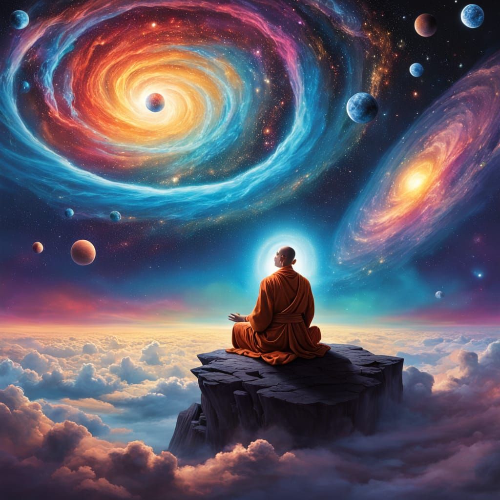Monk Meditating in Cosmic Void, Surreal Dreamlike Atmosphere