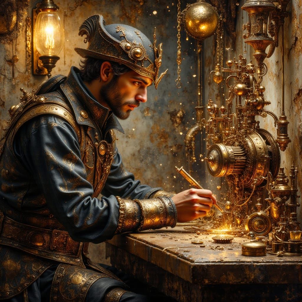 Steampunk Inventor in Workshop, da Vinci Style