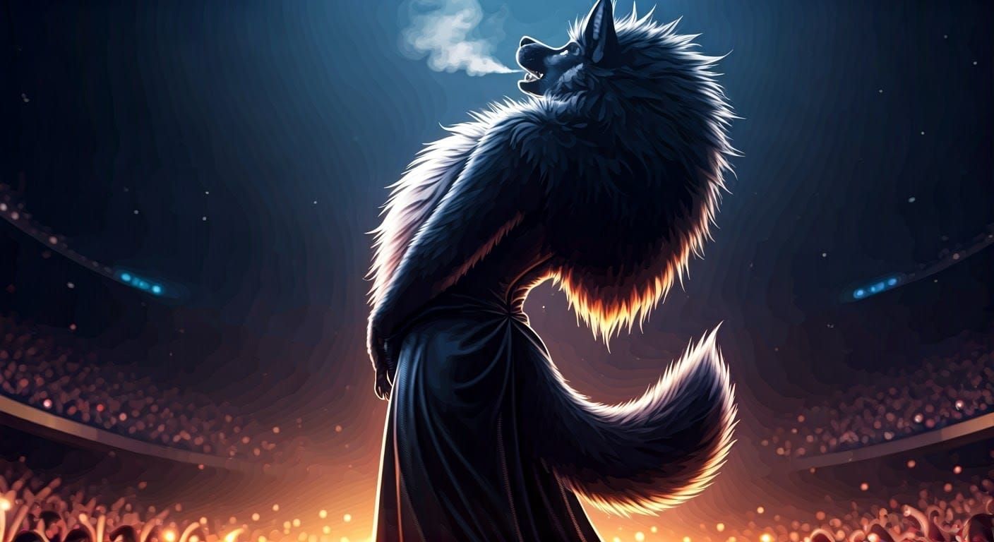 Giant Furry Dog Concert Stage Hyperrealistic CGI Poster