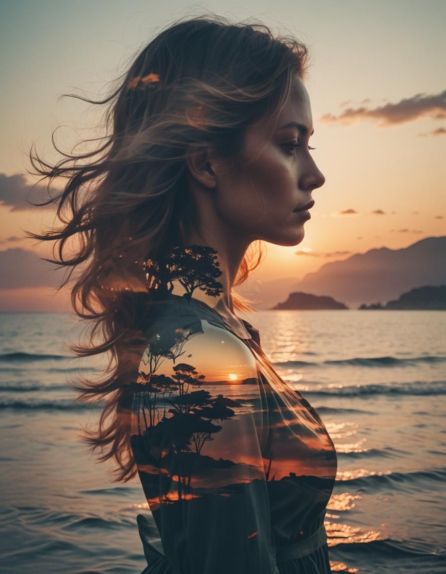 Double Exposure: Woman Silhouette and Sunset Coast