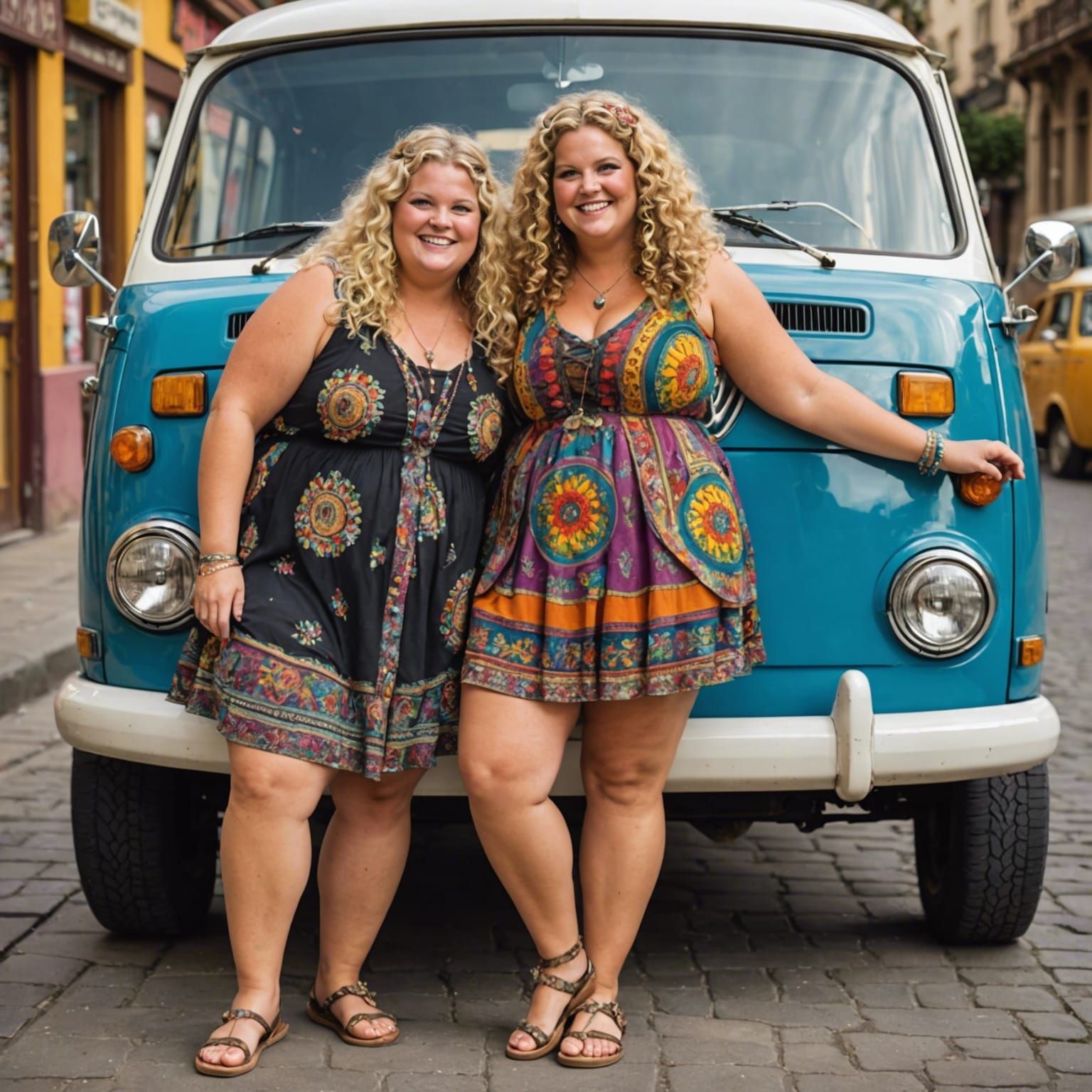 Two Curvy Hippie Women in 1960s Style