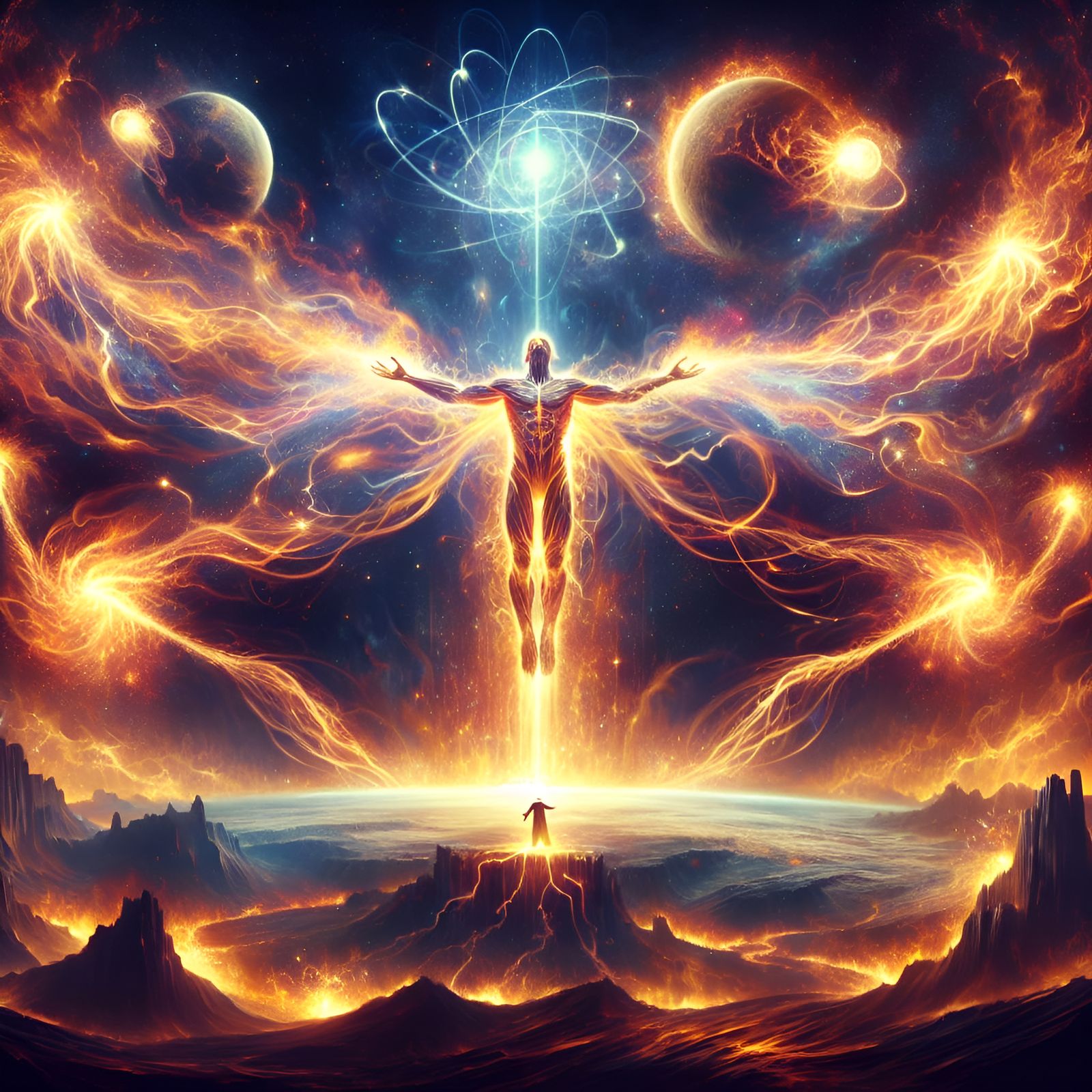 "Create an epic artwork inspired by the powerful imagery of bringing fire from the heavens to the earth. Picture a scene...