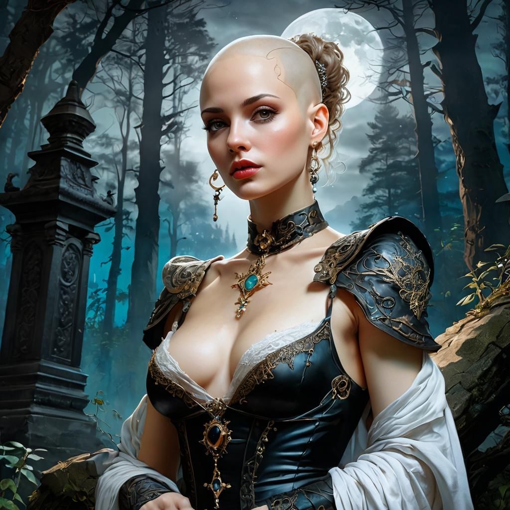 Victorian Priestess Portrait in Moonlight Forest