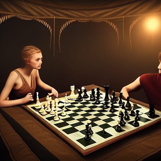 Intense Chess Game in Tent: Cinematic Digital Art