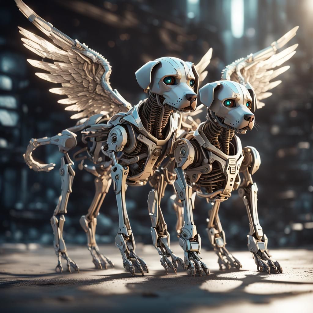 Adorable Angel Puppy and Kitten Skeletons in Sci-Fi Style