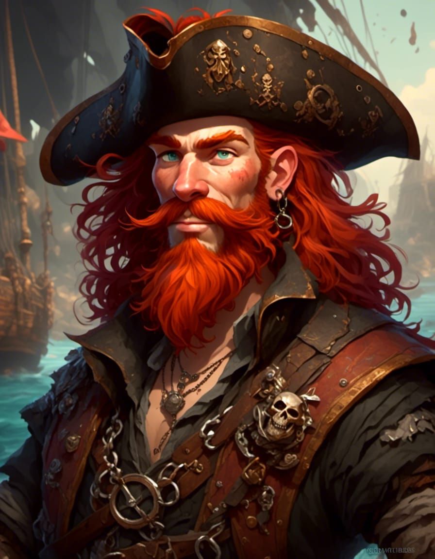 Enigmatic Red-Headed Pirate Captain on Sailboat