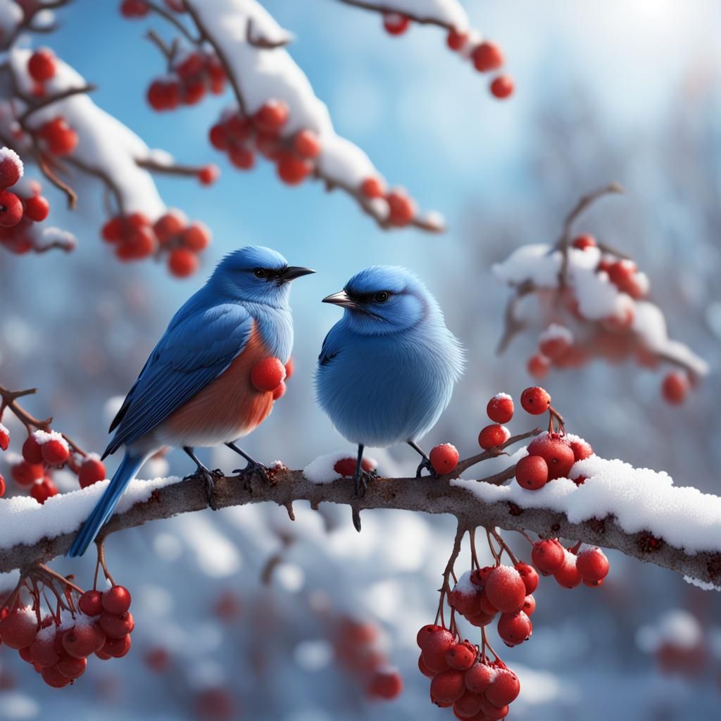Blue Birds on Winter Branches in 8K