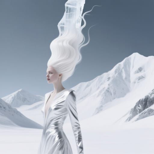Elegant Woman with Sculpted White Hair in Snowy Landscape