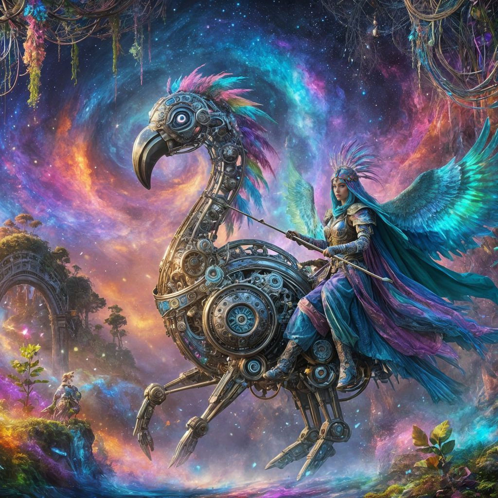 Surreal Warrior Princess Rides Tie-Dye Mechanical Flamingo