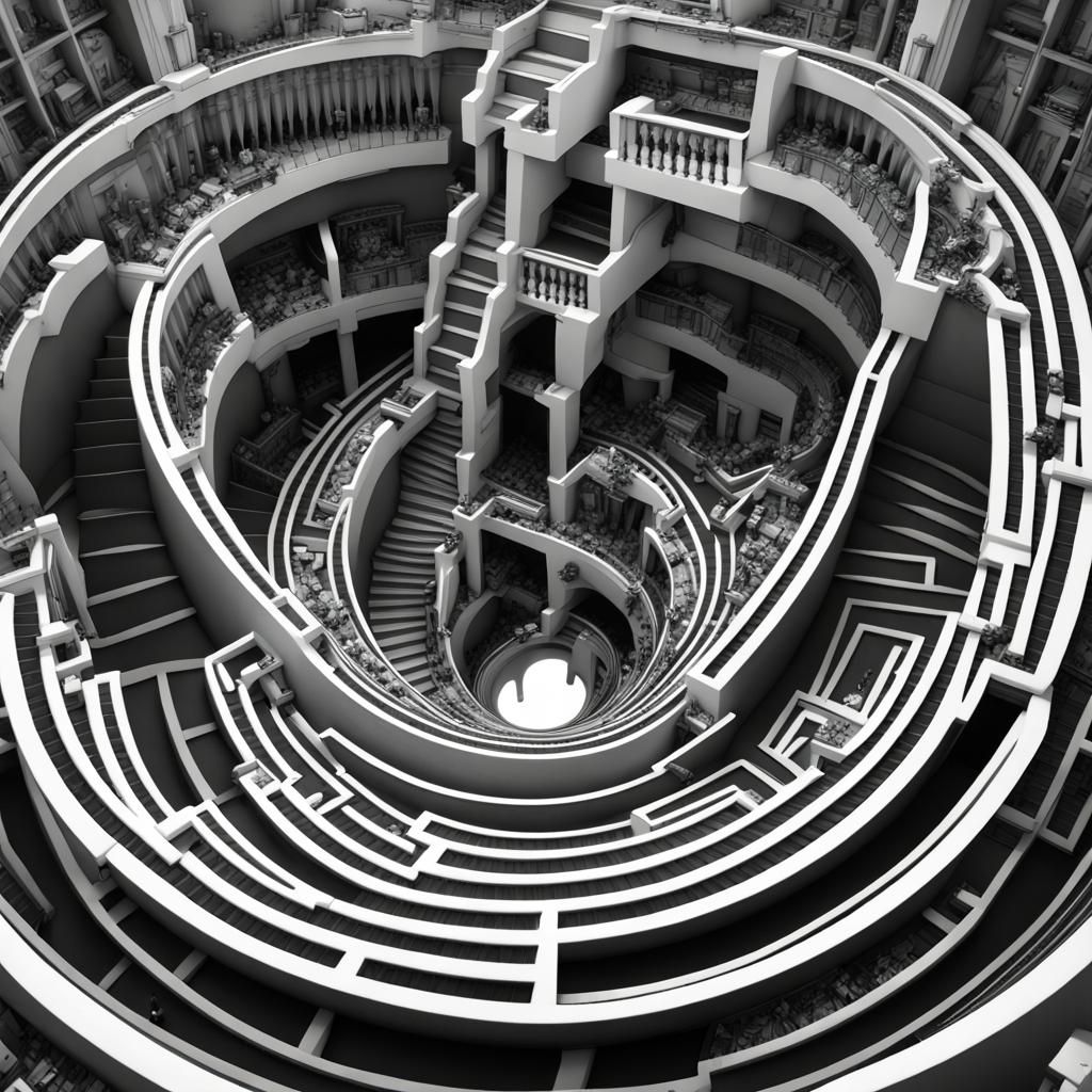Escher-esque Black and White Labyrinth with Mobius Stairs