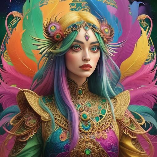 Cosmic Dragon Peacock Woman in Psychedelic Style