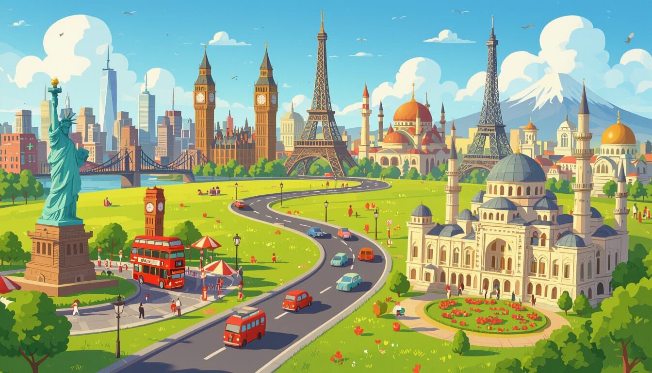 Vibrant Cartoon World with Global Landmarks in Pixar Style