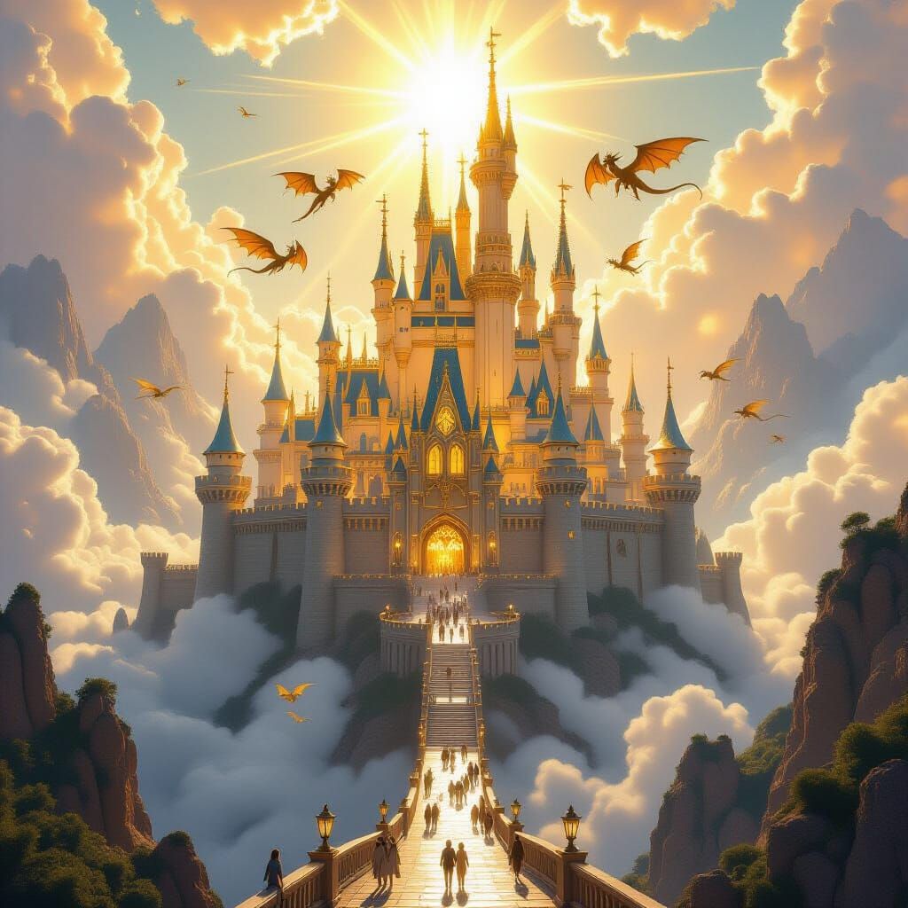 Golden Castle on Mountain with Dragons, Cinematic Matte Pain...