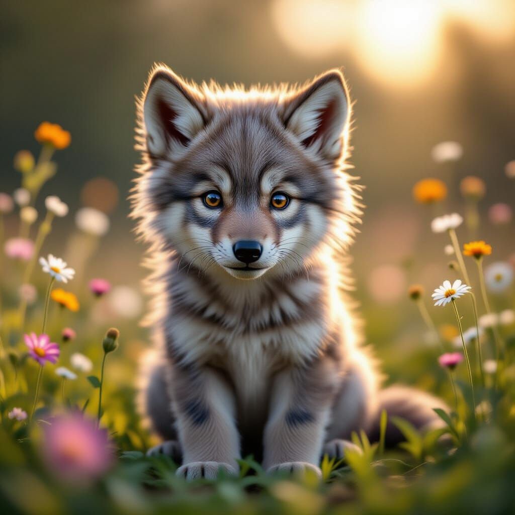 Adorable CGI Wolf Cub with Big Eyes in Wildflowers