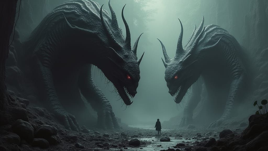 Mythical Typhon and Echidna in Dark Fantasy Style