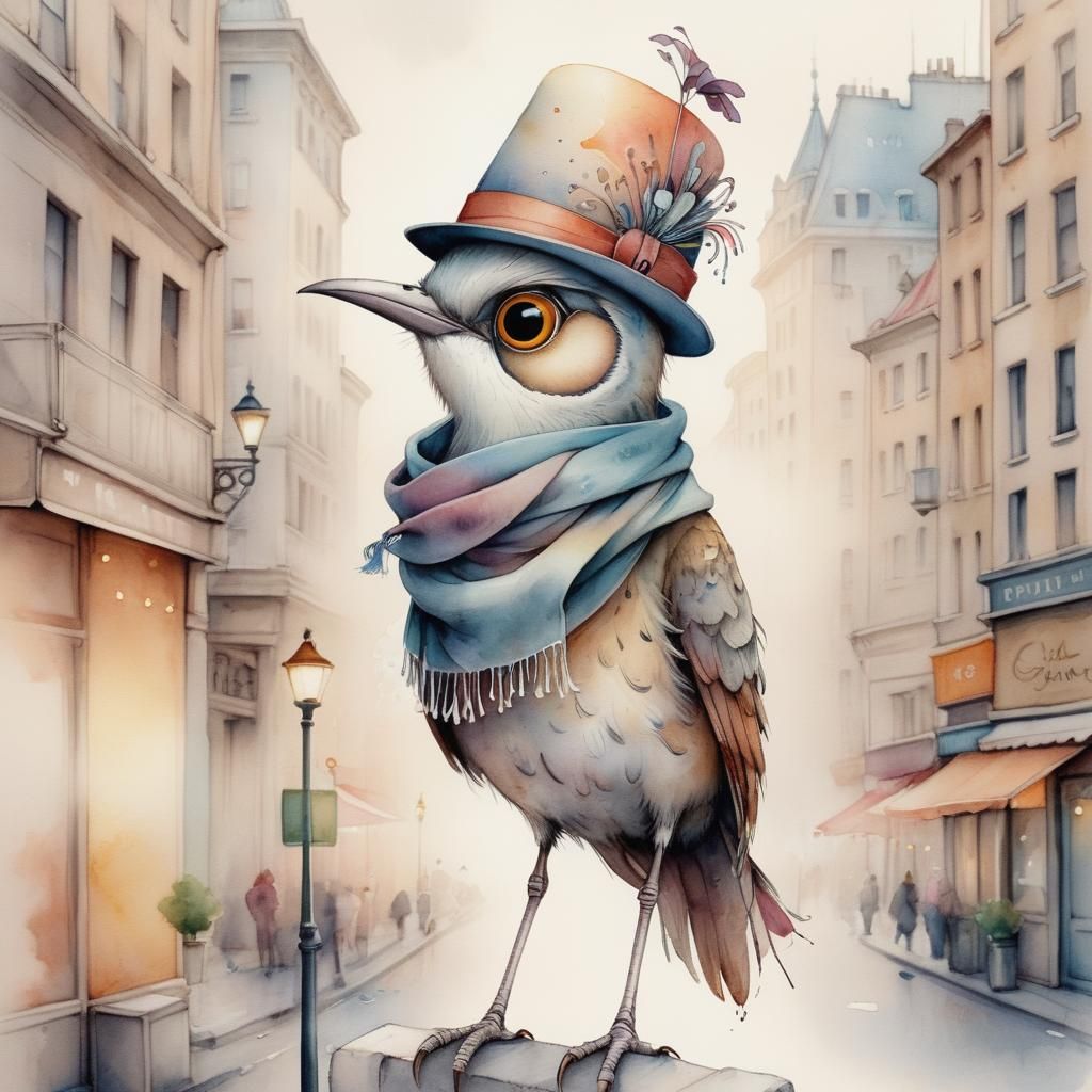 Big-Eyed Bird in Cityscape with Gauze Scarf