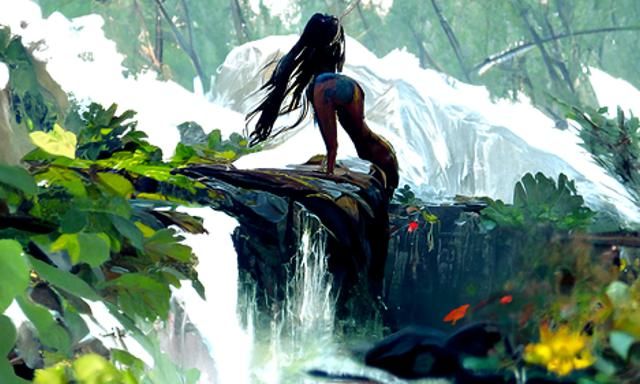 Indian Girl Bathing Near Temple: Digital Illustration