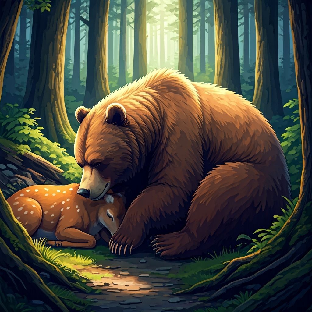 Bear and Deer Rest in Vibrant Forest, Cel-Shaded Anime Style