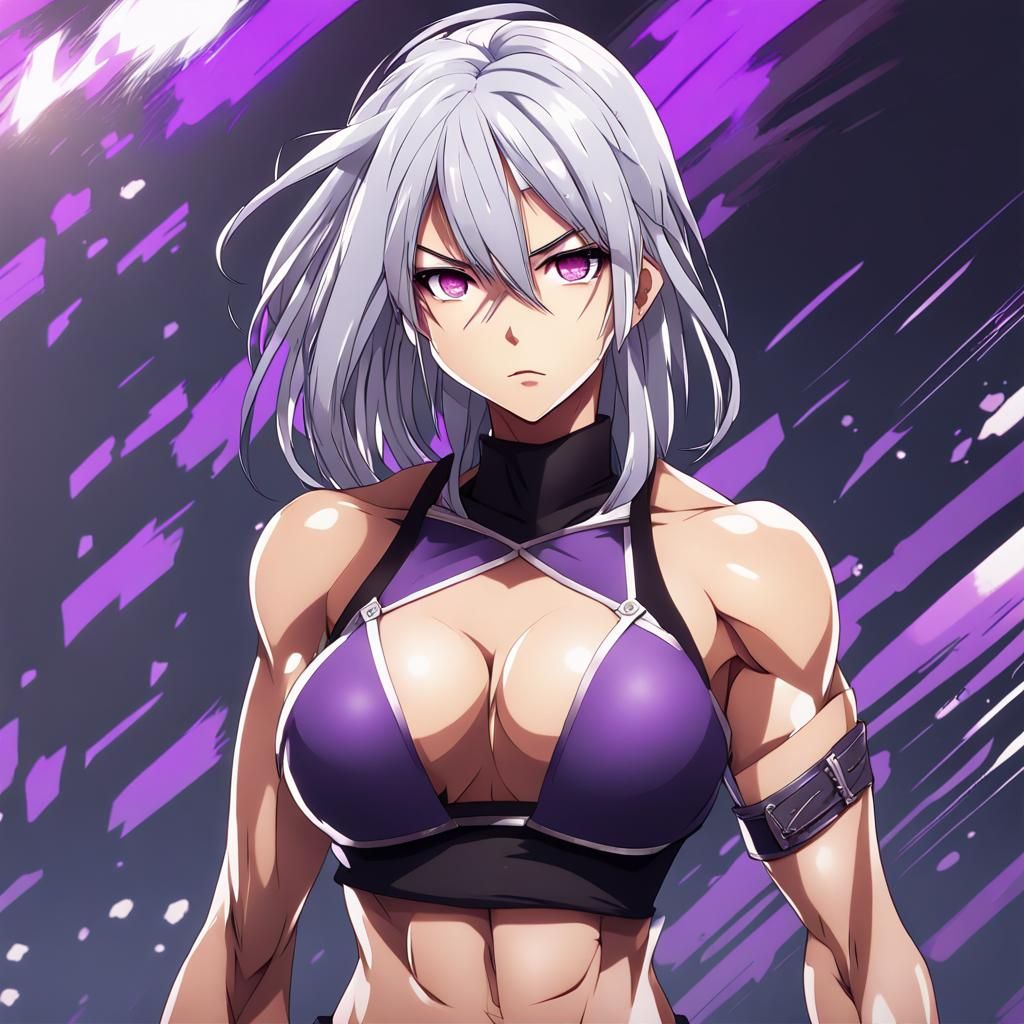Fierce Anime Girl with Silver Hair and Purple Eyes