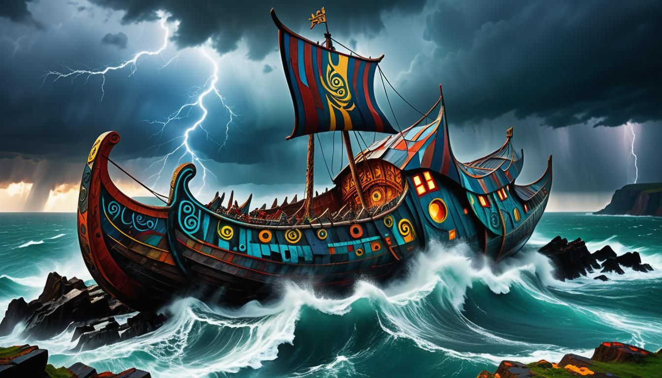 Viking Shipwreck in Stormy Surreal Digital Art