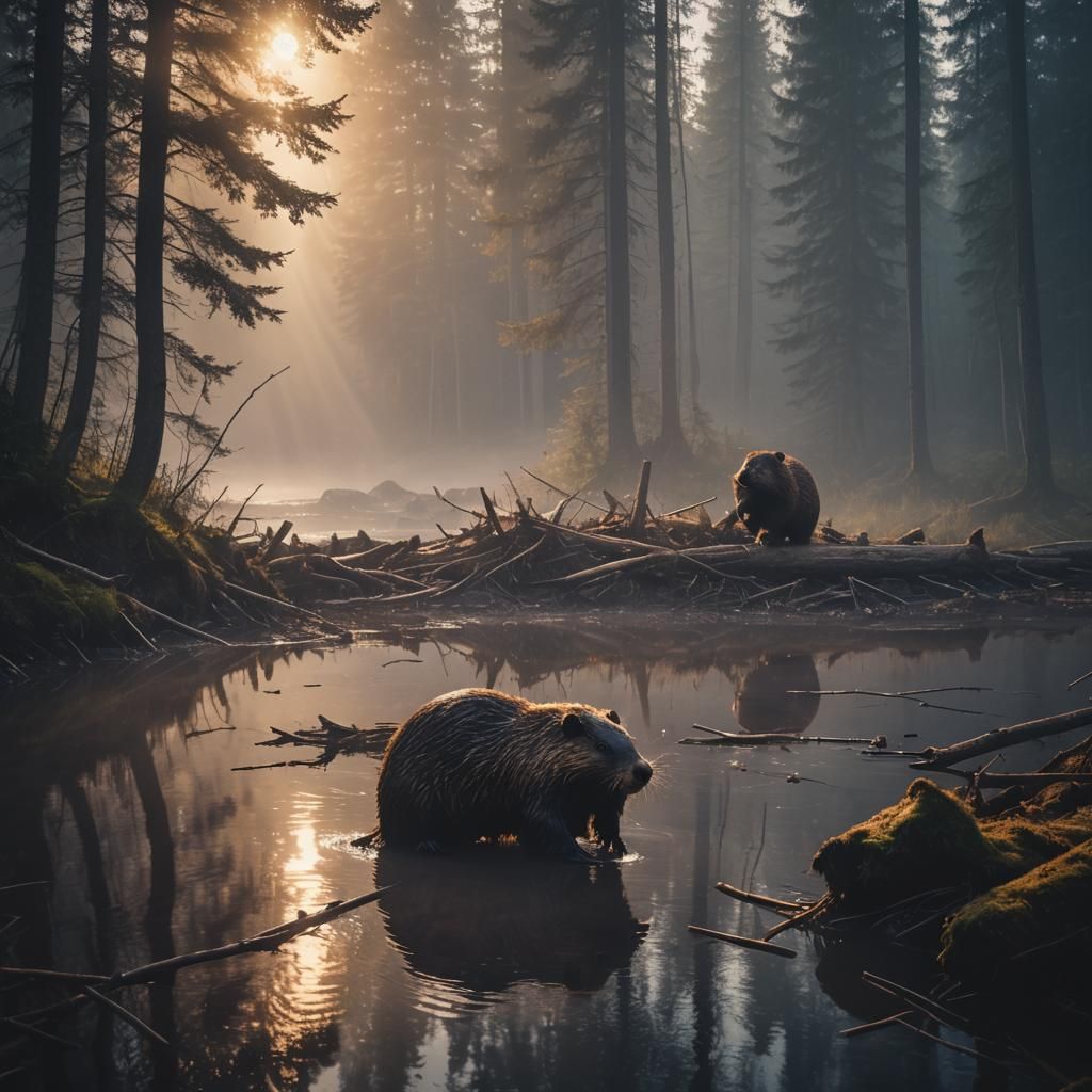 Beaver Builds Dam in Misty Forest