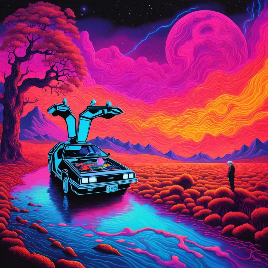 Einstein in Psychedelic DeLorean: Surreal Synthwave Art