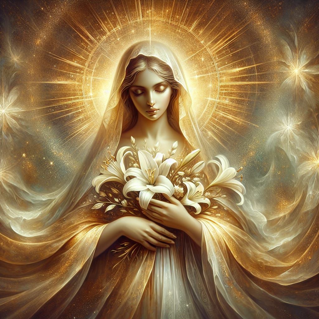 Ethereal Feminine Figure with Lilies and Golden Light