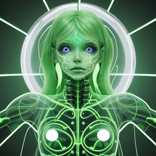Futuristic neon baby doll's face having fully transparent neon skin, veins and internal organs are clearly visible. Gree...