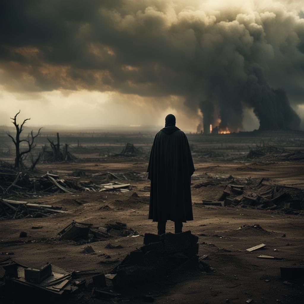 Desolate Figure in Ruined Landscape: Cinematic Still