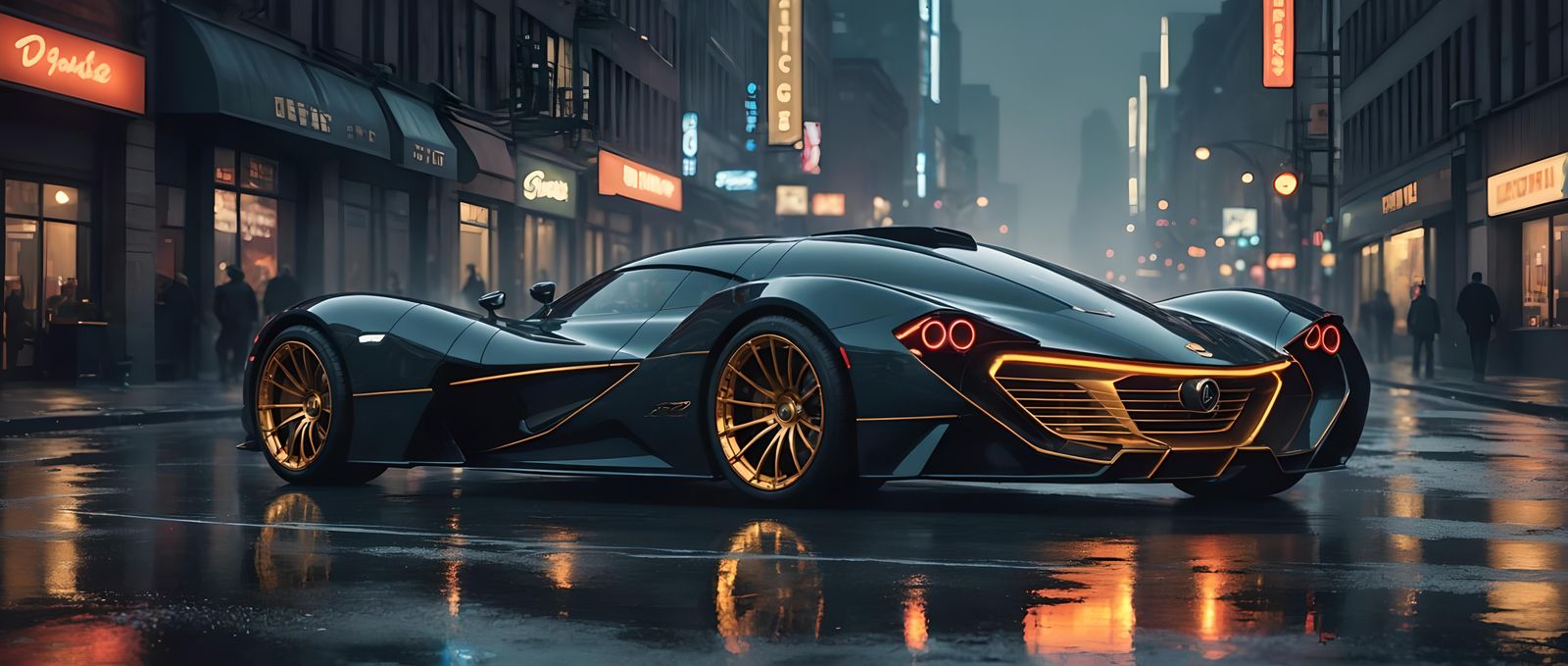 Deco Hyper-Car on Misty Cyberpunk Street