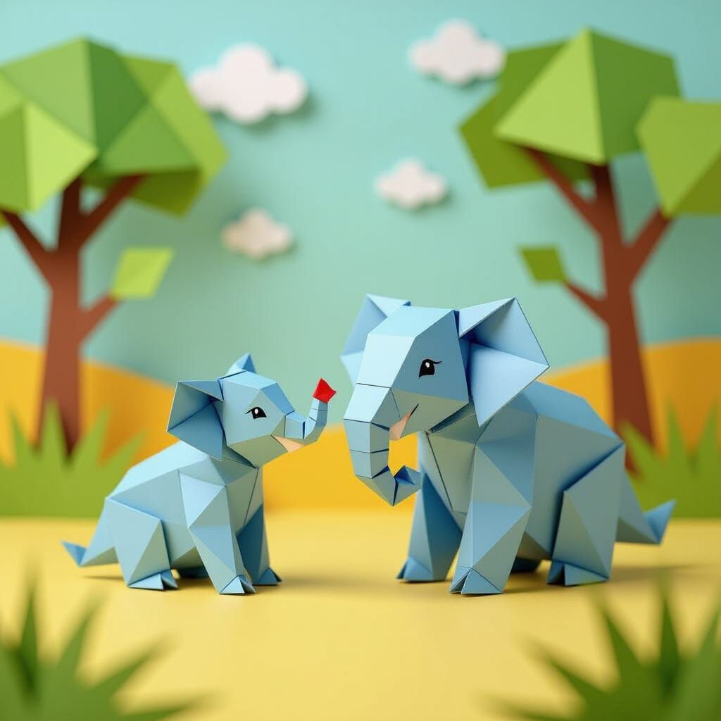 Origami Elephant Family on African Savannah