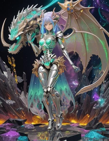 Rainbow Dragon Girl with Metal Skeleton in Anime Style