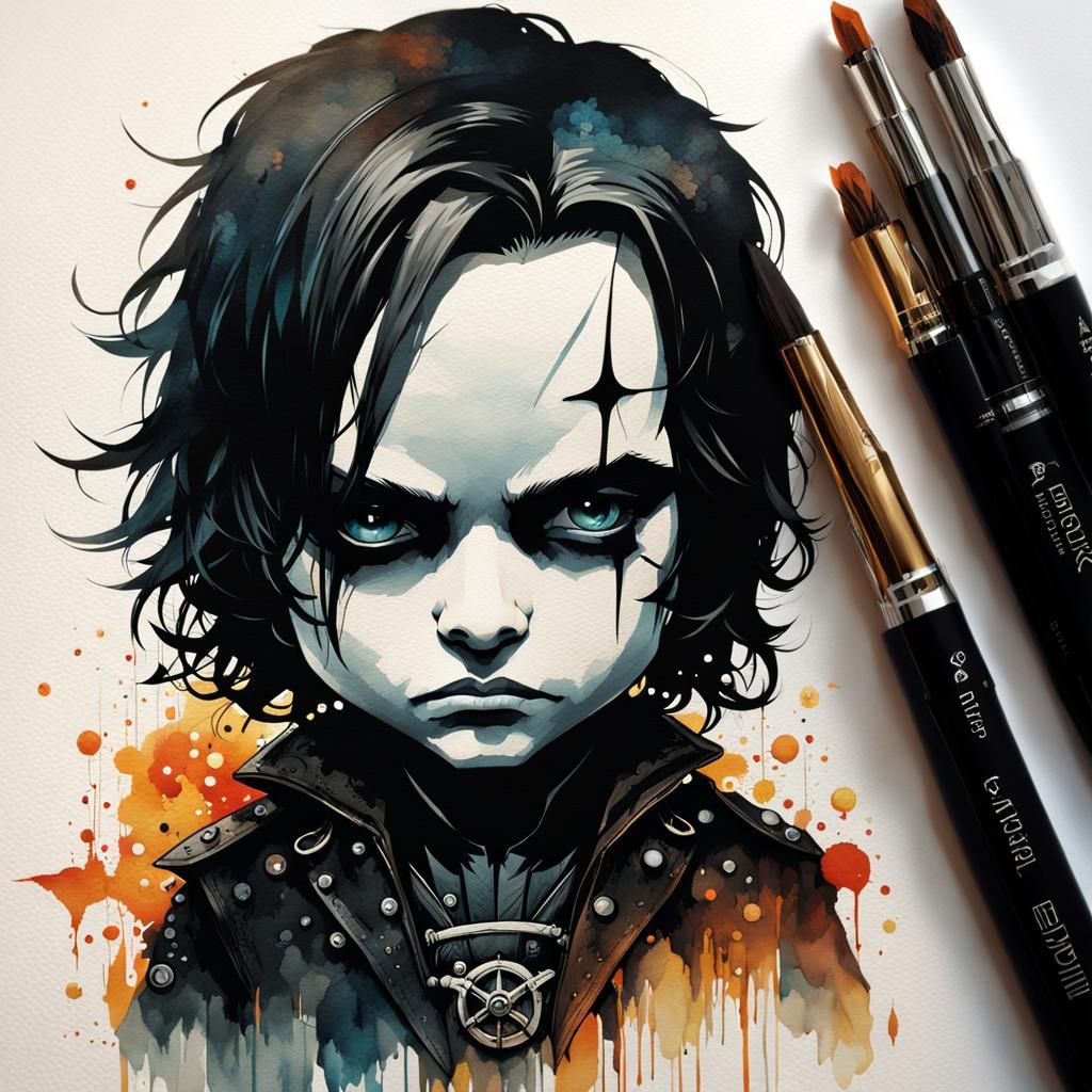 Chibi Eric Draven Watercolor Painting in 8K