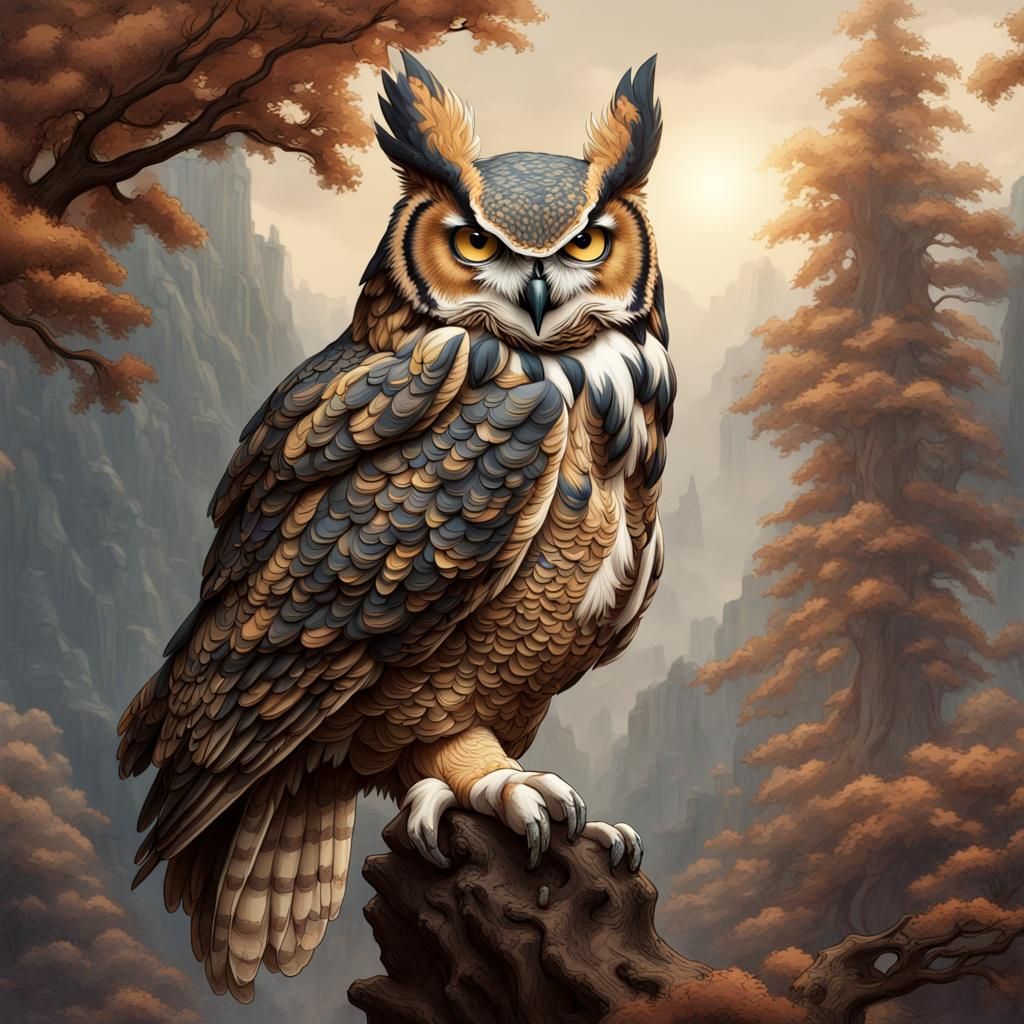 Antique Drawing of a Great Horned Owl