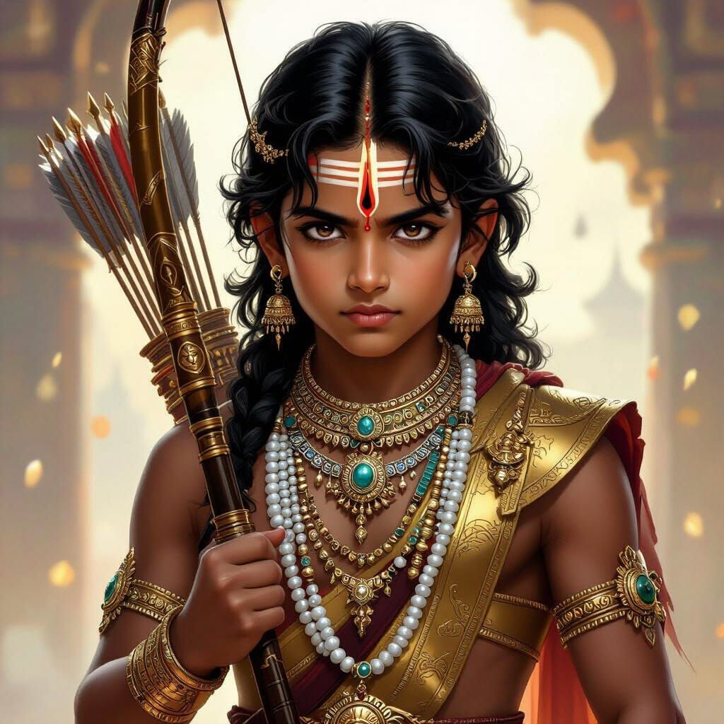 Young Arjuna with Gandiva Bow in Mythological Concept Art St...