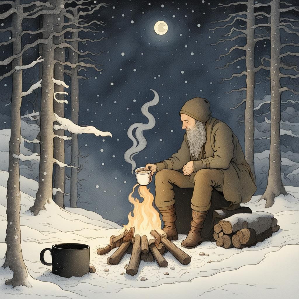 Man and Coffee by Campfire in Bauer Style