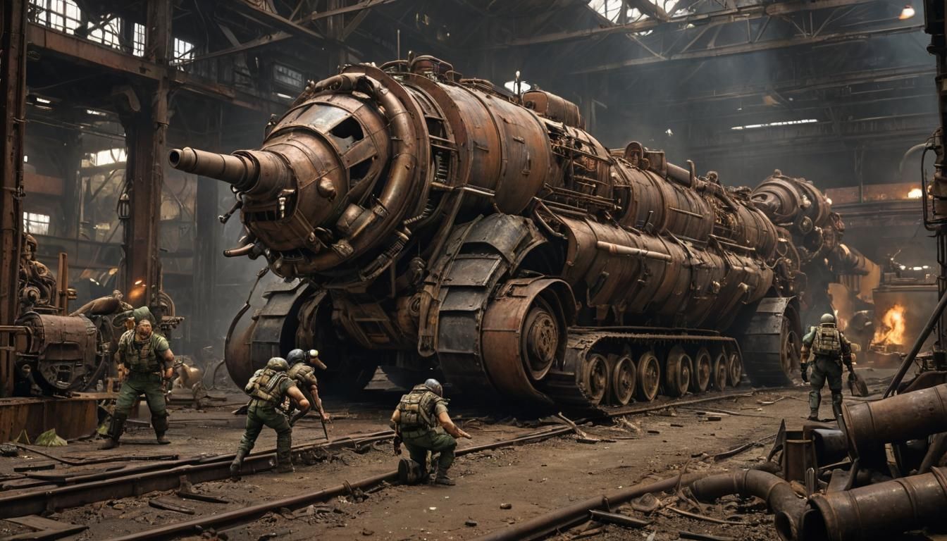 1940s small soldiers look at Gigantic,  tetrapodal, diesel-burning caterpillar war machine with weathered copper pipes, ...