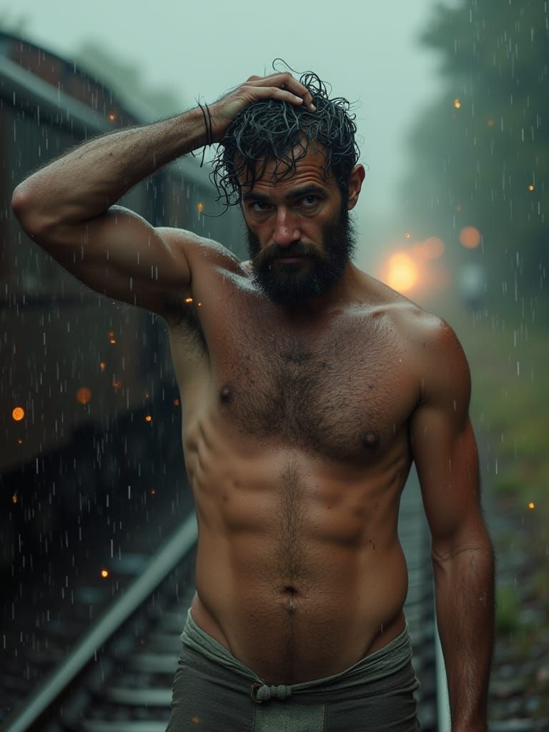 Sweaty Worker in Rain by Locomotive, 35mm Film