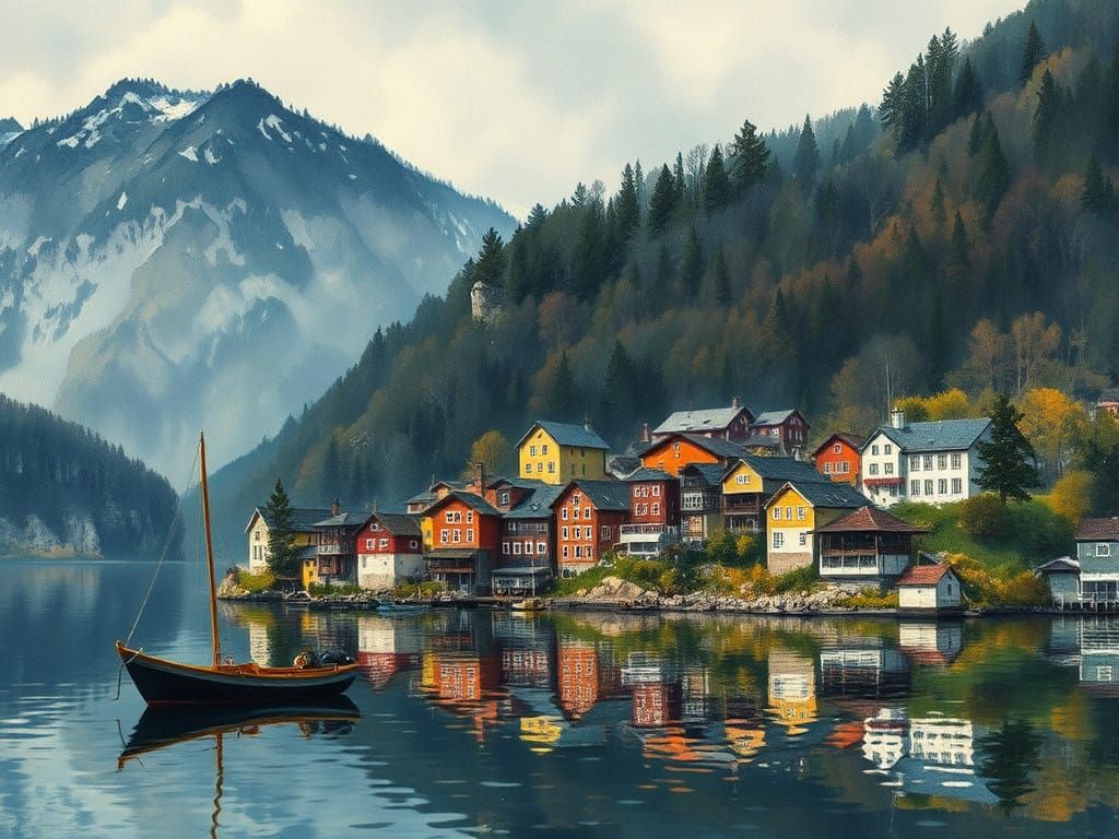 Village Life on Tranquil Waters in Vibrant Gouache