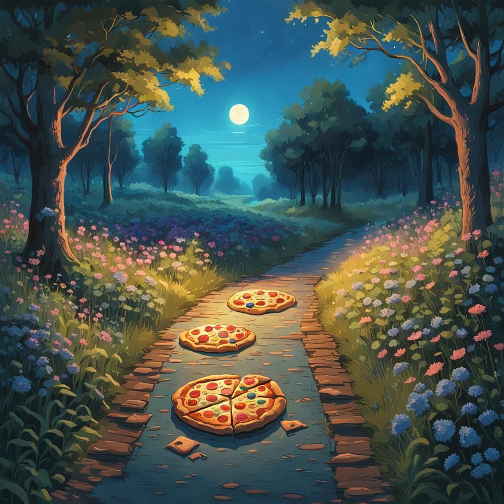 Pizza Slice Strolls Down Country Path, Neon Dreamscape
