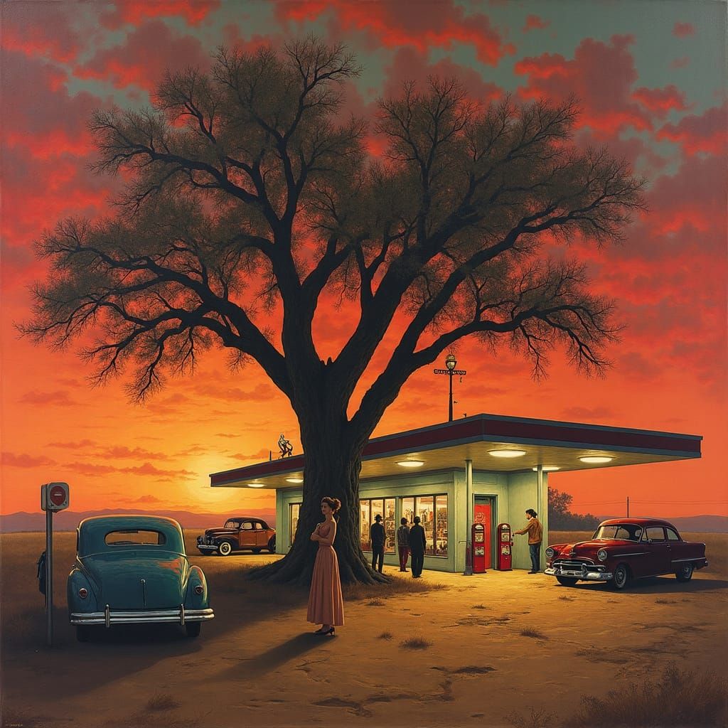 Woman in Vintage Dress at 1930s Gas Station