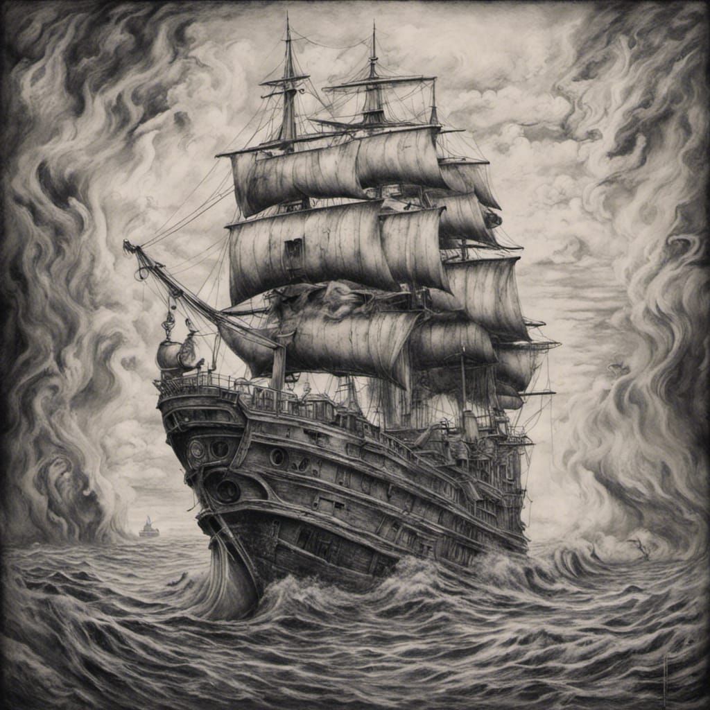 Ghost Ship Tattoo Art with Penguin in Charcoal