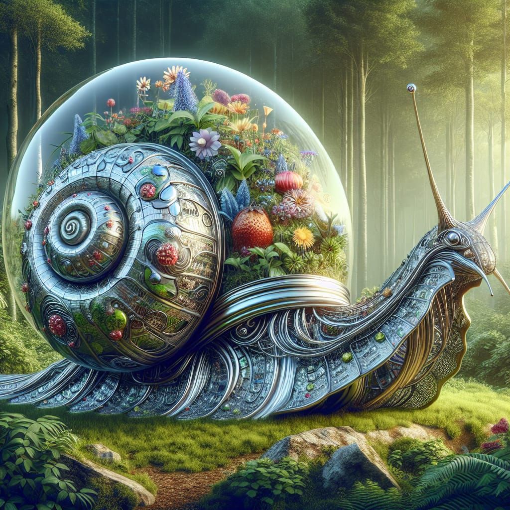Futuristic Metallic Snail in Glass Dome Garden