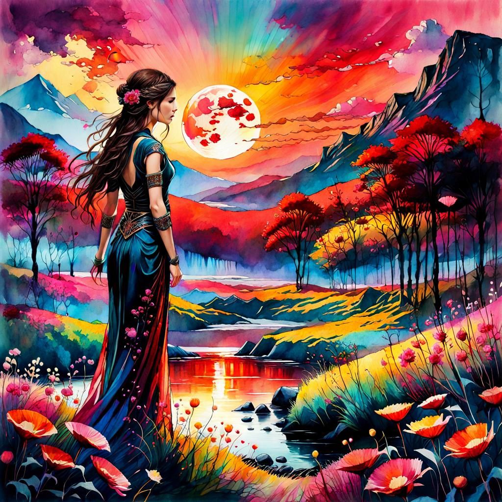 Blood Moon Watercolor Landscape in Summerscape Sunset