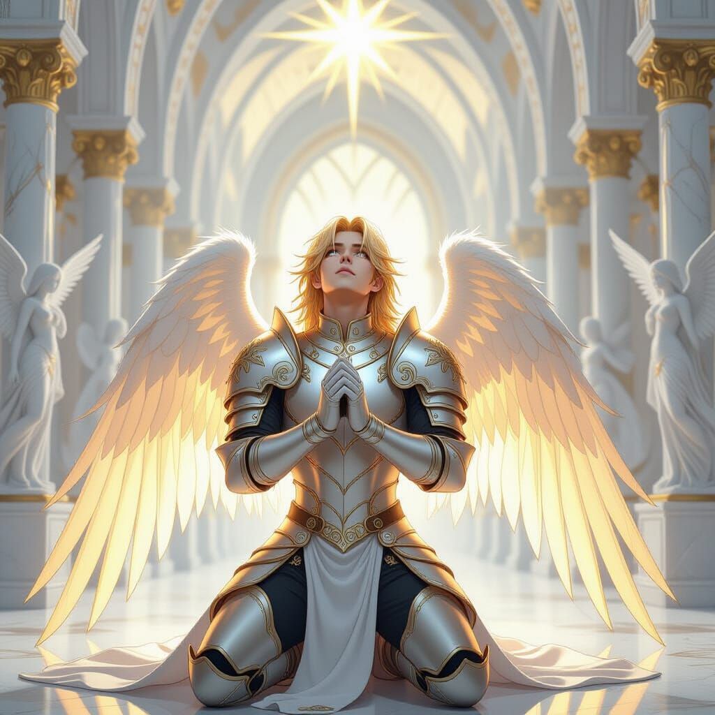 Angel in Silver Armor Praying in Cathedral, Anime Style