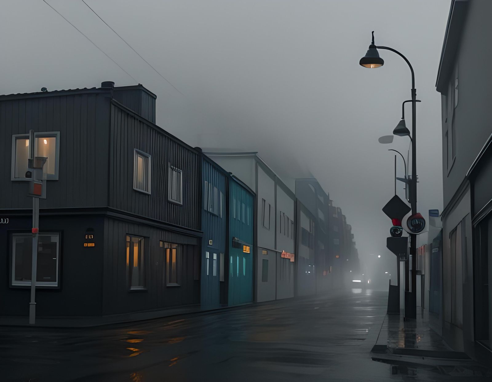 Fog Shrouds Empty Streets of Reykjavik, Iceland