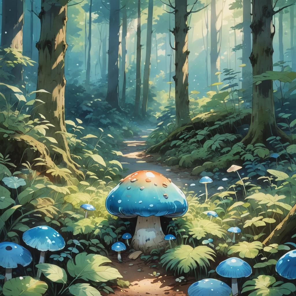 Blue Blob on Mushroom in Shinkai Anime Style