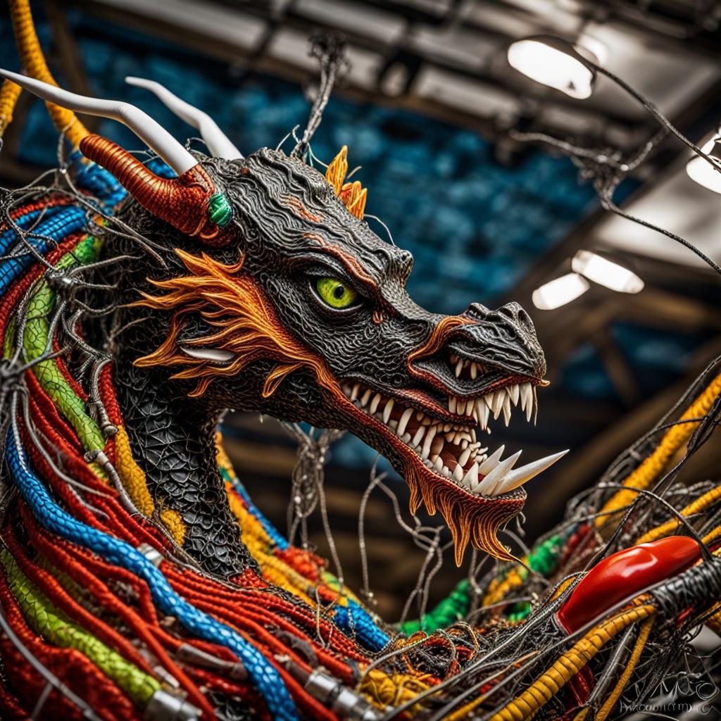 Wire Dragon Sculpture in Mixed Media Collage
