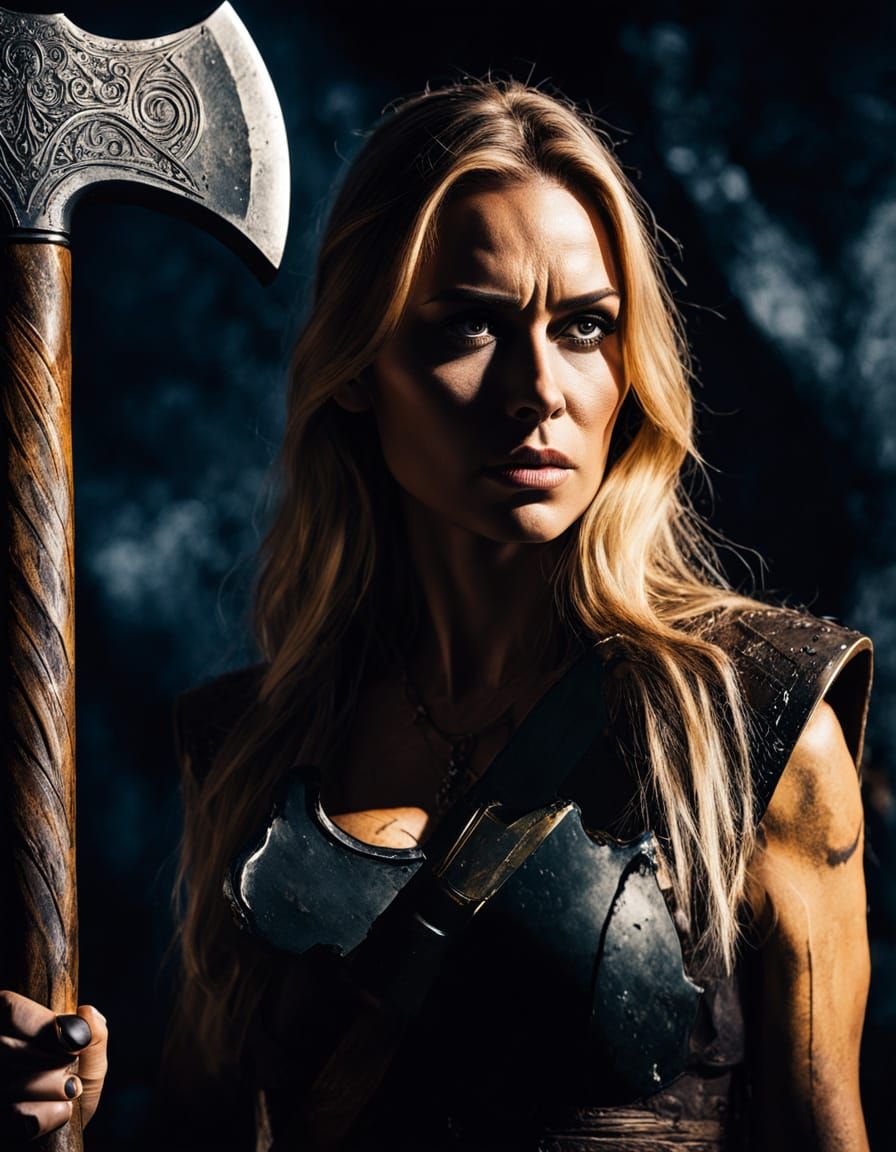 Mysterious Warrior Woman with Viking Axe in Dramatic Lightin...